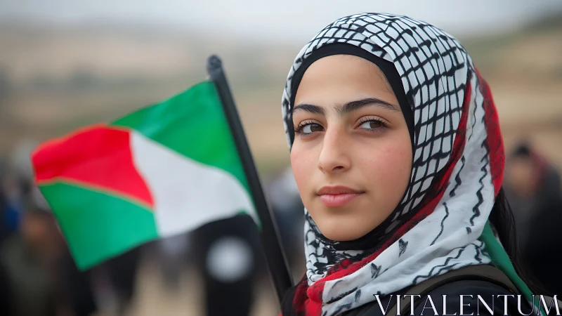 Young Woman in Keffiyeh Holding Palestinian Flag, Natural Light Portrait.