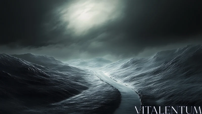 Dark stormy seascape with narrow path cutting through water.
