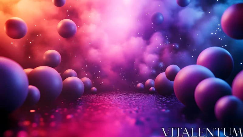 Vibrant 3D Spheres in Futuristic Neon Mist, Abstract Digital Art.