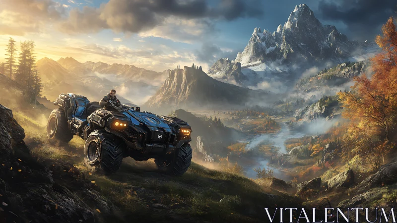 Armored ATV roams a misty mountain valley at sunrise.