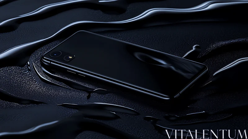 Black smartphone on dark reflective liquid surface.