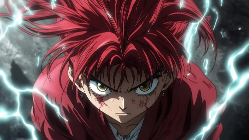 Red haired anime fighter amid lightning arcs in close focus.