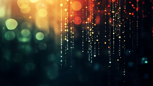 Glowing Vertical Light Strings in Abstract Digital Bokeh Style.