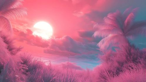 Infrared style coastal palms under large low sun disc.