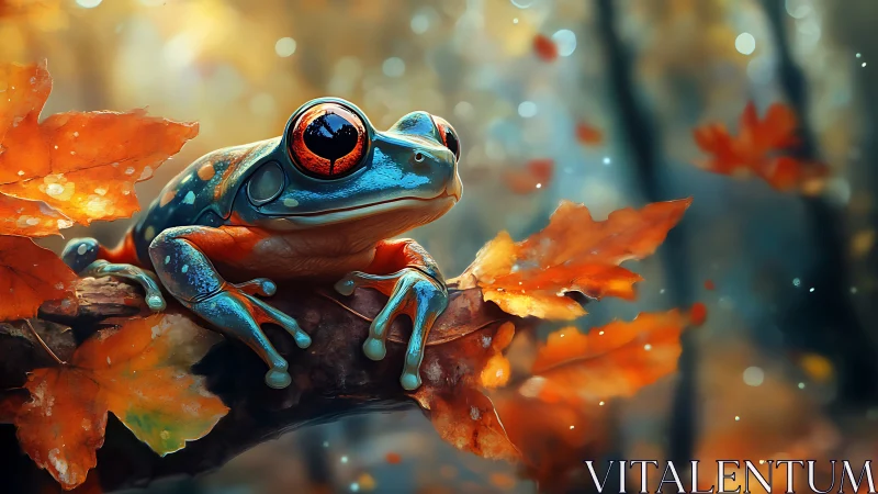Curious autumn frog rests among glowing orange forest leaves