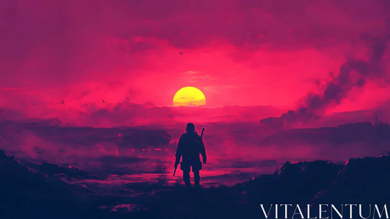 Lone wanderer walks toward a neon pink apocalyptic sunset