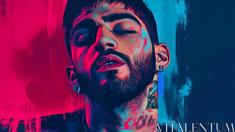 Neon portrait of bearded man in blue and magenta light.