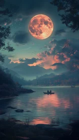 Large pink moon over quiet lake with small rowboat.