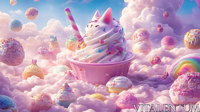 Dreamy cat sundae floating in a candy cloud kingdom.