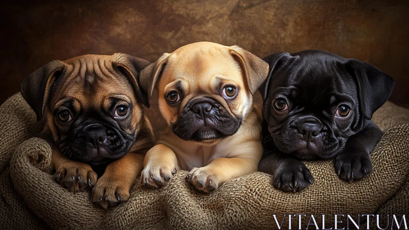 Three pug puppies rest on burlap under warm studio light.