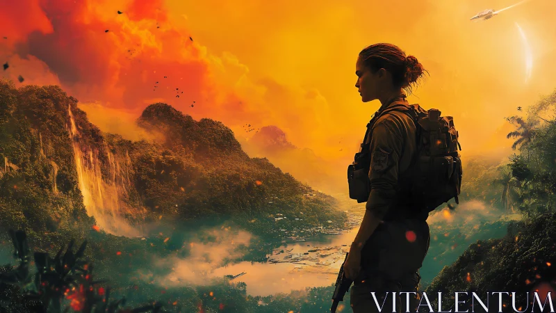 Armed reconnaissance operative surveying volcanic jungle basin.