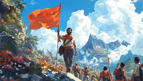 Rebel leader holds red flag above mountain valley march.