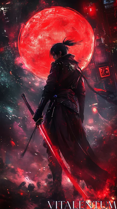 Blood‑red moon crowns a lone cyber samurai with burning steel