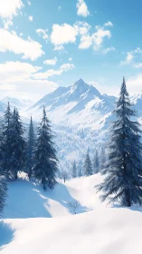 Sunlit alpine conifer forest frames crystalline winter peaks