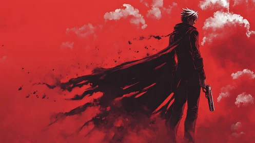 Solitary gunman silhouette in red clouded background.