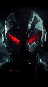 Dark armored robot head with glowing red visor eyes.