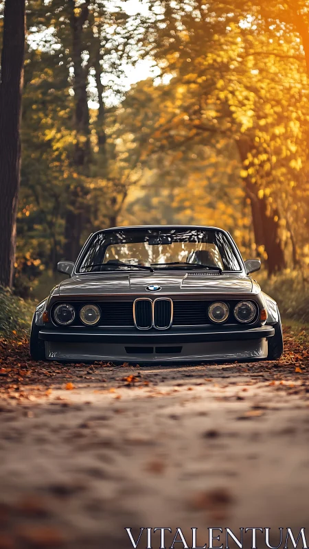 Low-slung vintage BMW coupe framed by autumn forest light.