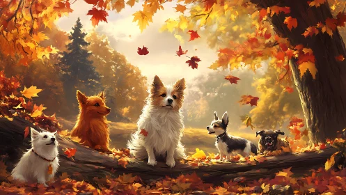 Autumn woodland dogs under cascading golden foliage.