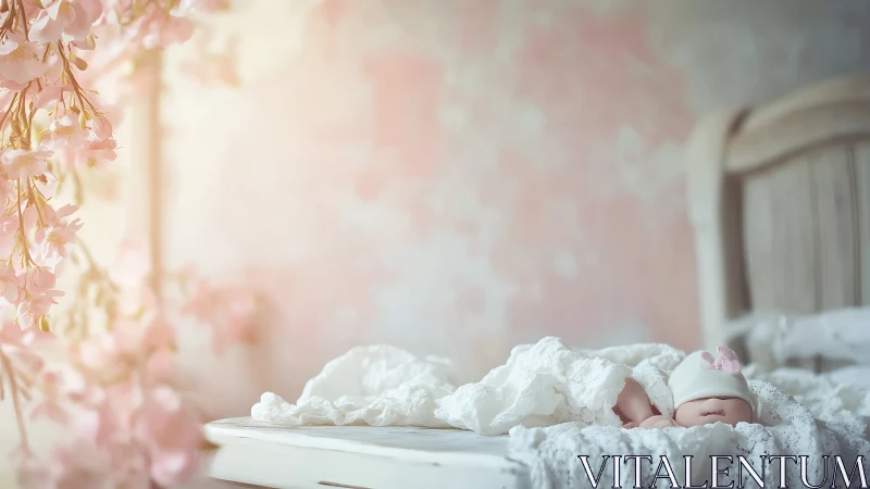 Infant resting on bed beside pink hanging flowers, wide view.