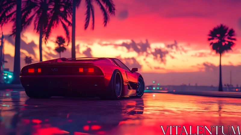 Red sports car on neon coastal road at vivid sunset.