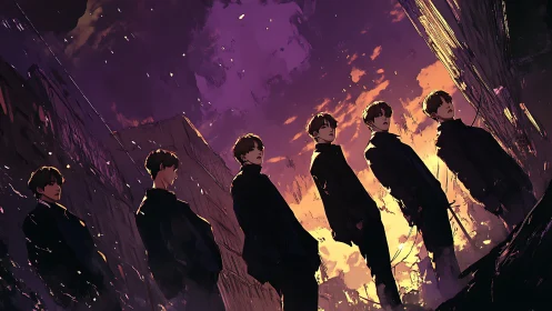 Silhouetted figures stand beneath a burning twilight sky.