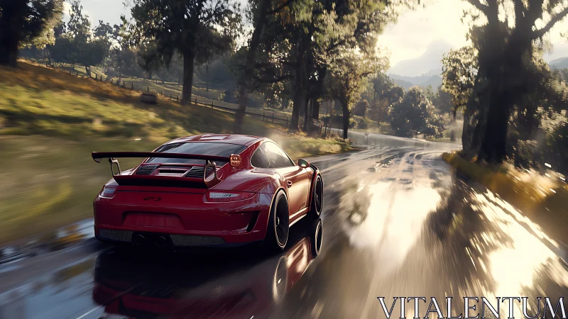 Red sports car powers through sunlit wet forest road.