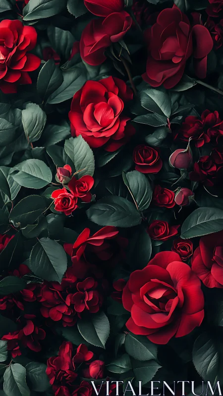 Densely Clustered Red Roses with Verdant Foliage in Moody Overhead Composition.