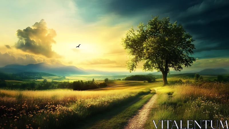 Golden hour countryside path beneath luminous storm sky