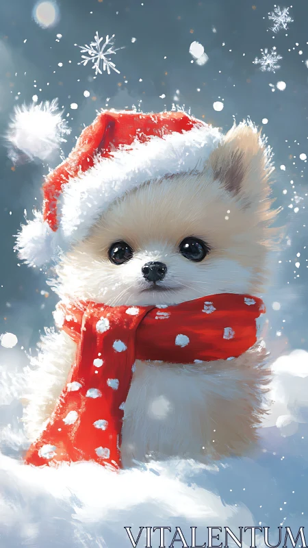 Festive Pomeranian puppy in snowy Christmas wonderland scene.