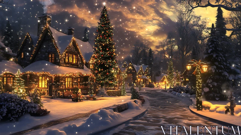Snowy village street glows under warm Christmas lights at dusk