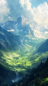 Sunlit alpine valley beneath towering snowlit peak.