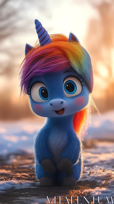 Blue baby unicorn with rainbow mane in winter light.