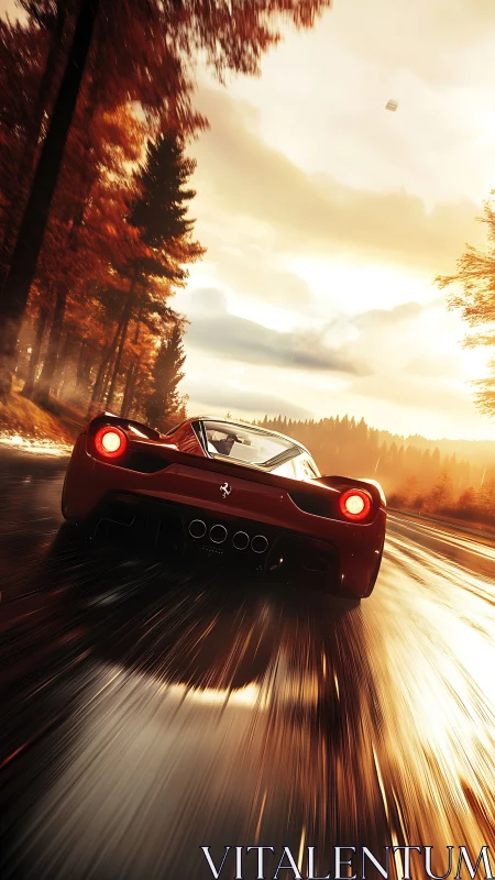 Supercar races through glowing autumn forest highway at dusk.