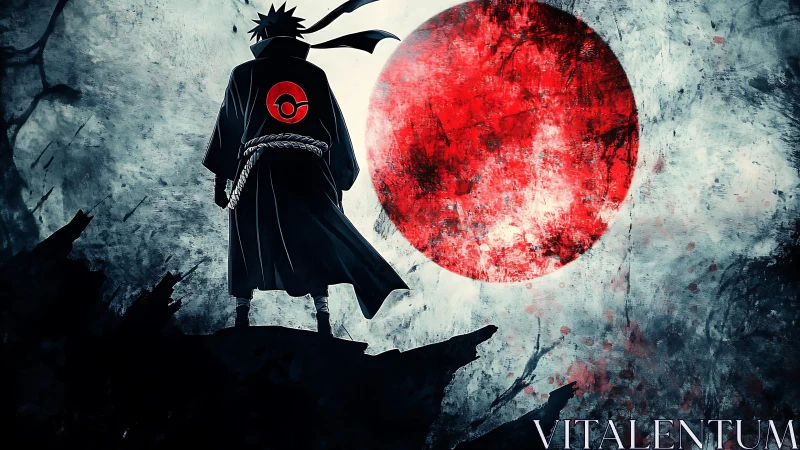 Lone cloaked warrior stands boldly before a blazing red sun