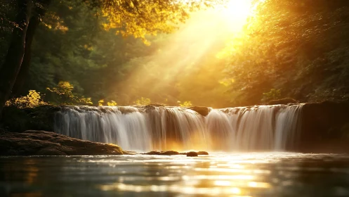 Serene forest waterfall at sunrise with golden sunlight streaming.