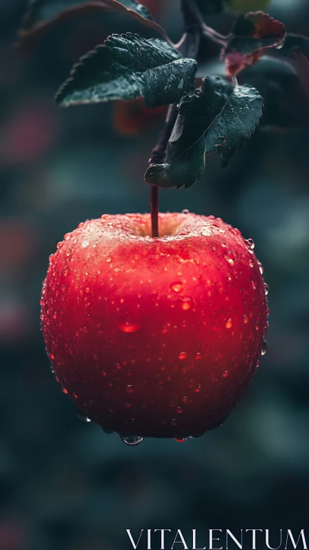 Macro study of dew-covered red apple with shallow depth of field