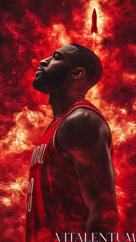 Basketball portrait in red flames with ascending rocket trail.