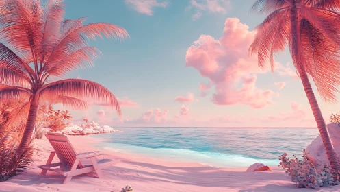 Digital beach scene rendered with tropical vegetation, water elements