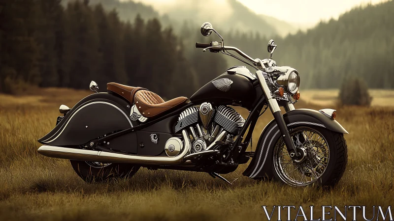 Classic black cruiser motorcycle rests in misty mountain field