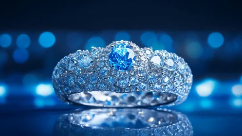 Blue diamond ring sparkles in dramatic bokeh lighting.