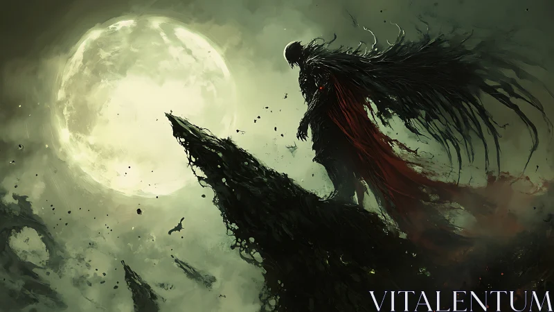 Moonlit wraith silhouette on jagged spire under toxic sky.