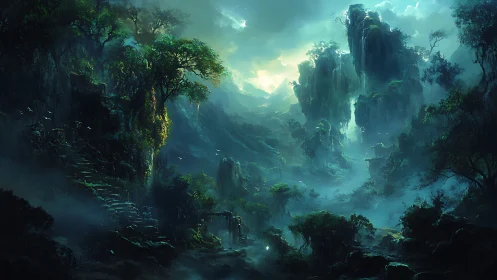 Luminous mist valley with terraced ruins in digital painting style.