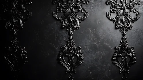 Embossed black baroque ornaments repeat on textured wall
