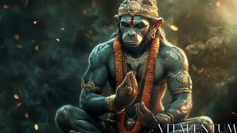 Divine monkey figure in meditative pose with ornaments.