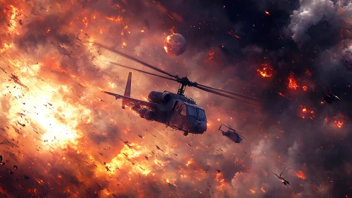 Military helicopters in fiery apocalyptic war sky scene.