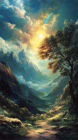 Sunlit valley trail beneath storybook stormcloud heavens.