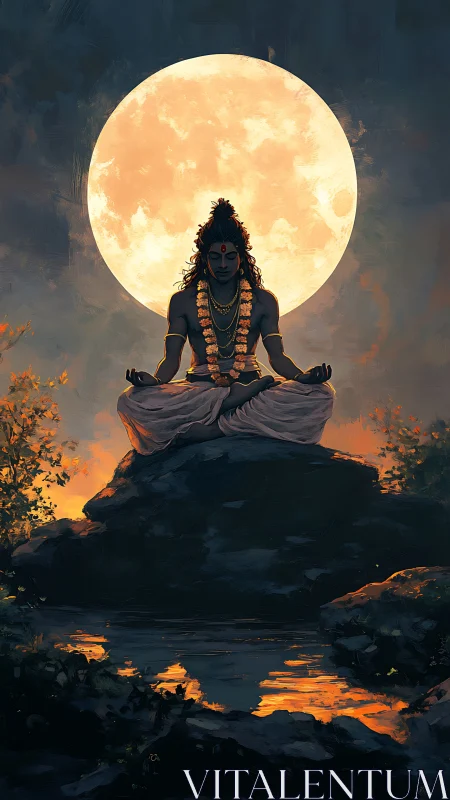 Seated figure in lotus posture aligns with large full moon