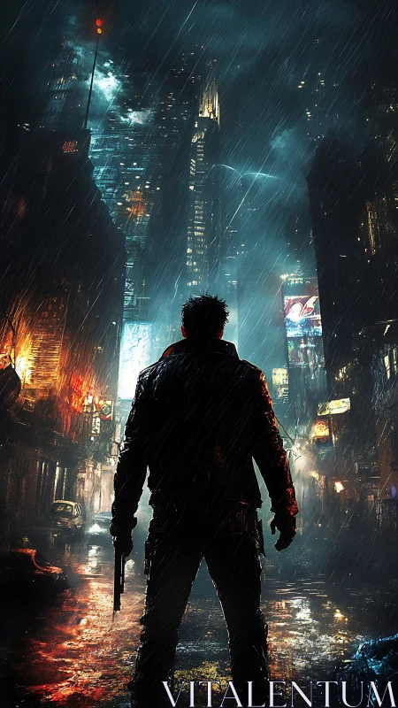 Cyberpunk vigilante in neon-soaked rain alley, backlit silhouette.