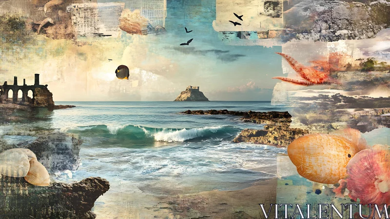 Layered Coastal Collage: Oceanic Narrative Through Mixed-Media Composition