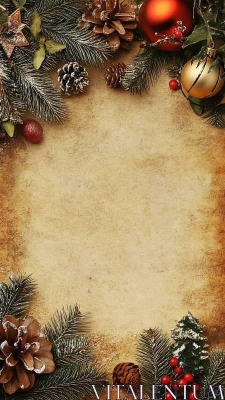 Cozy Christmas border of pine, ornaments, and warm memories.